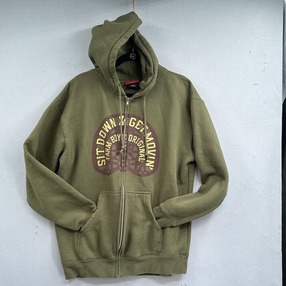 Farm Boy Zip Hoodie Olive Green Graphic Heavy Sweatshirt Adult Size L Workwear